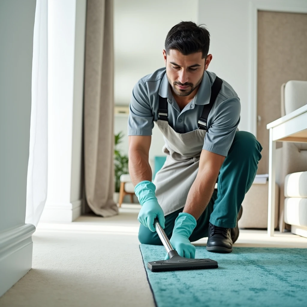 Técnico inspeccionando la trama de una alfombra